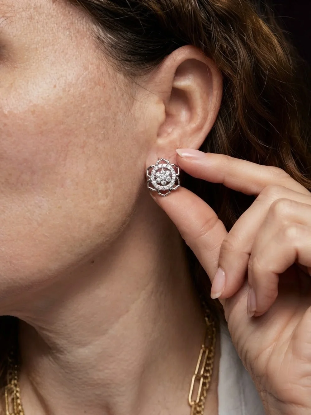 Empty Closet Silver Floral Crystal Stud Earrings - Pink Card